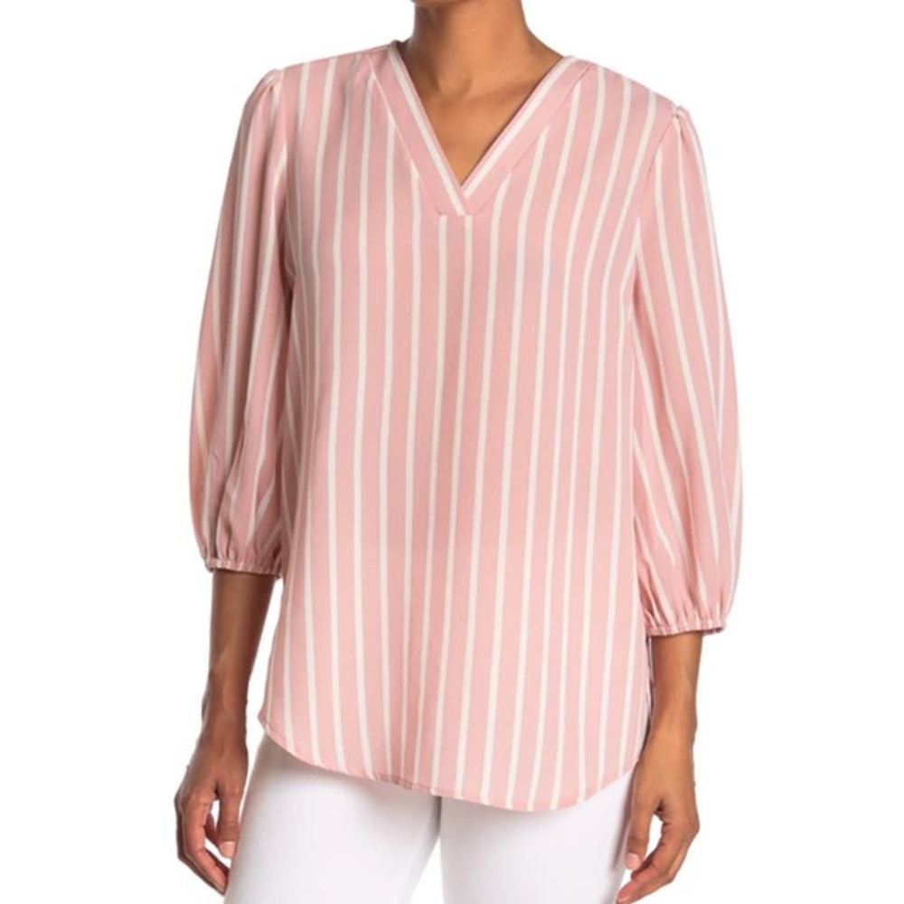 Adrianna‎ Papell V-Neck 3/4 Balloon Sleeve Crepe Blouse in Pink White Stripes, S